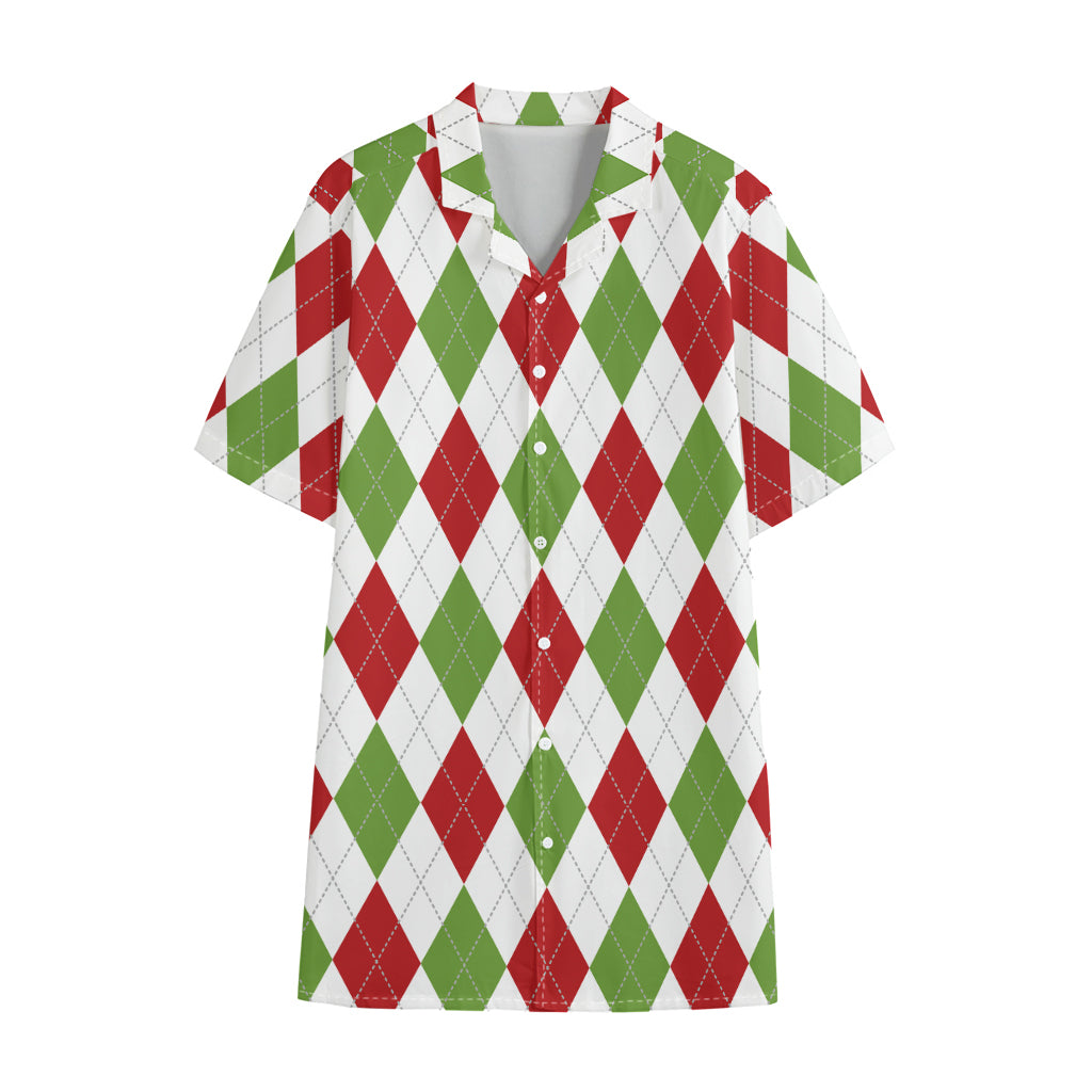 White Red And Green Argyle Pattern Print Cotton Hawaiian Shirt