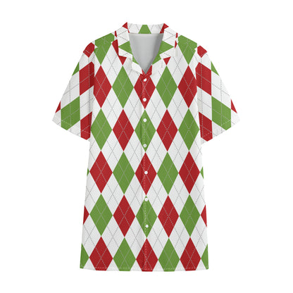 White Red And Green Argyle Pattern Print Cotton Hawaiian Shirt