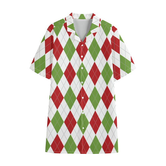 White Red And Green Argyle Pattern Print Cotton Hawaiian Shirt
