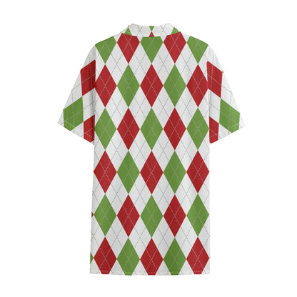 White Red And Green Argyle Pattern Print Cotton Hawaiian Shirt