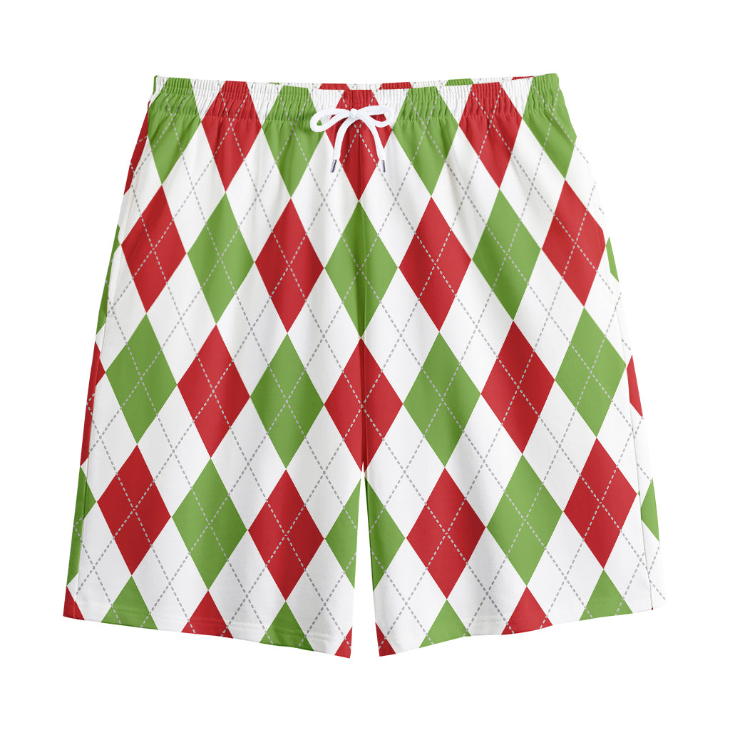White Red And Green Argyle Pattern Print Cotton Shorts