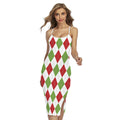 White Red And Green Argyle Pattern Print Cross Back Cami Dress