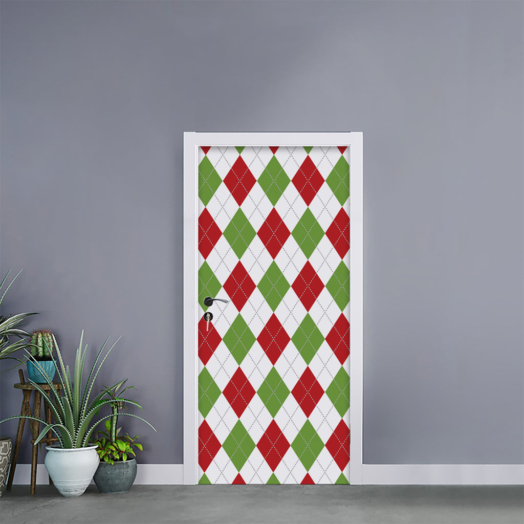 White Red And Green Argyle Pattern Print Door Sticker