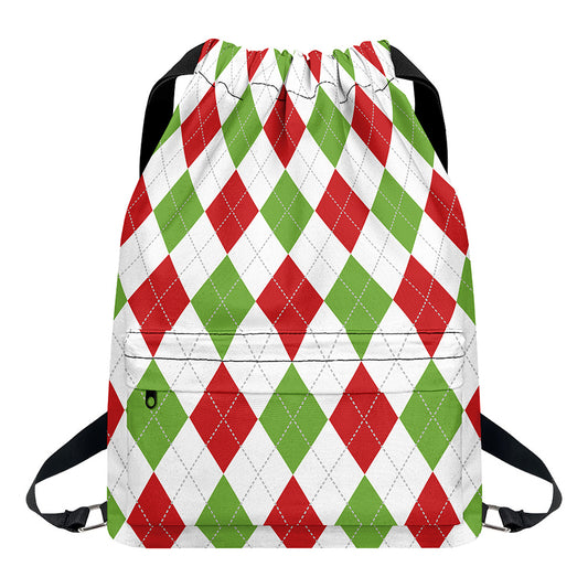 White Red And Green Argyle Pattern Print Drawstring Backpack