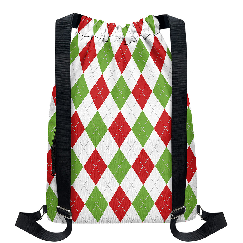 White Red And Green Argyle Pattern Print Drawstring Backpack