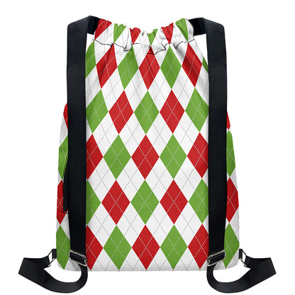 White Red And Green Argyle Pattern Print Drawstring Backpack