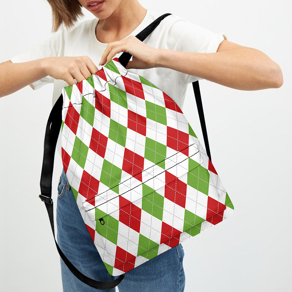 White Red And Green Argyle Pattern Print Drawstring Backpack