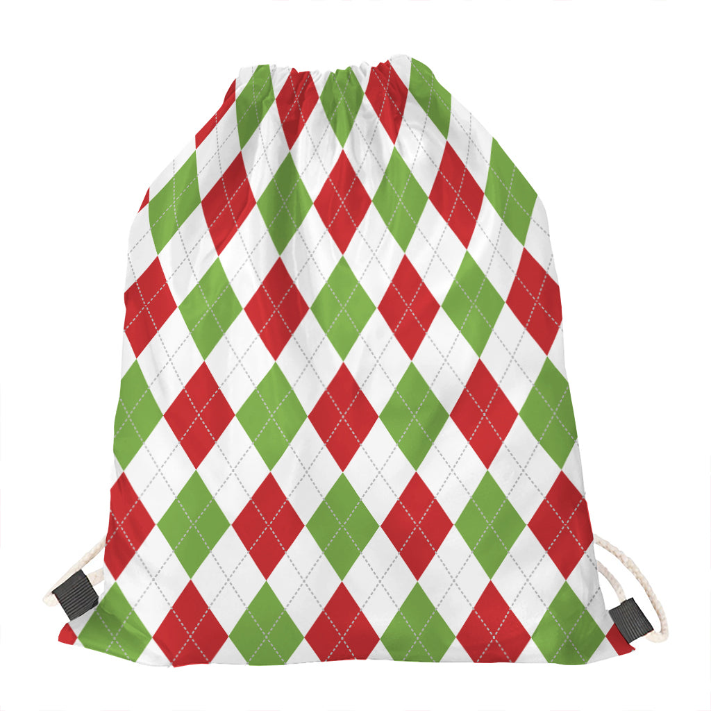 White Red And Green Argyle Pattern Print Drawstring Bag