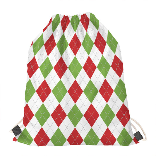 White Red And Green Argyle Pattern Print Drawstring Bag