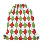 White Red And Green Argyle Pattern Print Drawstring Bag