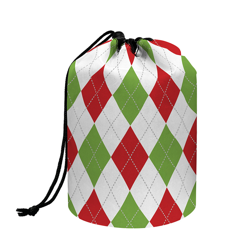 White Red And Green Argyle Pattern Print Drawstring Makeup Bag