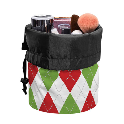 White Red And Green Argyle Pattern Print Drawstring Makeup Bag