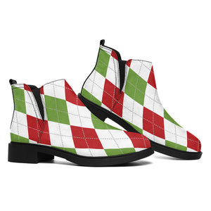 White Red And Green Argyle Pattern Print Flat Ankle Boots