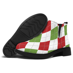 White Red And Green Argyle Pattern Print Flat Ankle Boots