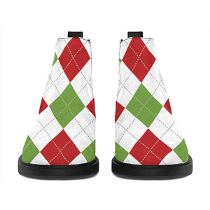 White Red And Green Argyle Pattern Print Flat Ankle Boots