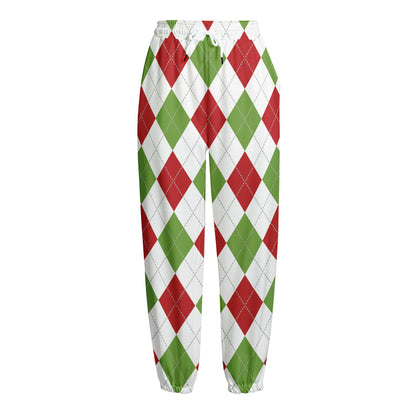 White Red And Green Argyle Pattern Print Fleece Lined Knit Pants