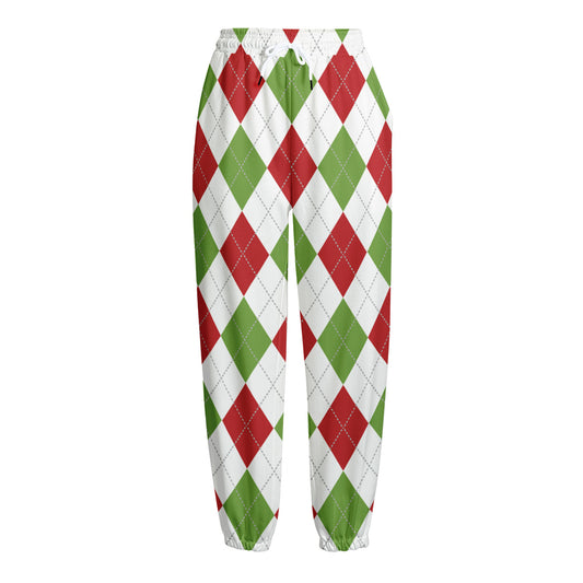 White Red And Green Argyle Pattern Print Fleece Lined Knit Pants
