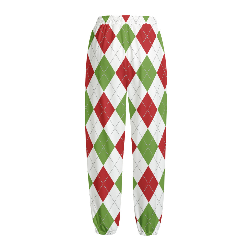 White Red And Green Argyle Pattern Print Fleece Lined Knit Pants