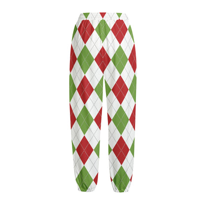 White Red And Green Argyle Pattern Print Fleece Lined Knit Pants