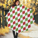 White Red And Green Argyle Pattern Print Foldable Umbrella