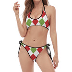 White Red And Green Argyle Pattern Print Halter Scoop Tie Side Bikini