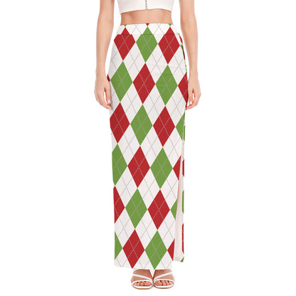 White Red And Green Argyle Pattern Print High Slit Maxi Skirt