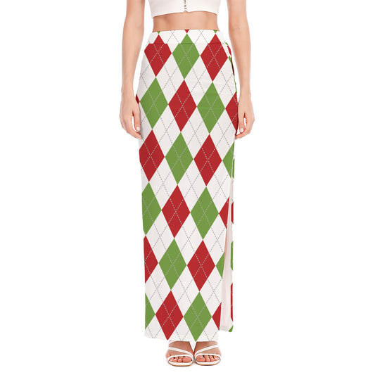 White Red And Green Argyle Pattern Print High Slit Maxi Skirt