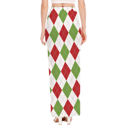 White Red And Green Argyle Pattern Print High Slit Maxi Skirt