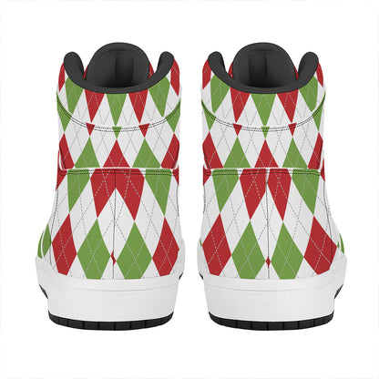 White Red And Green Argyle Pattern Print High Top Leather Sneakers
