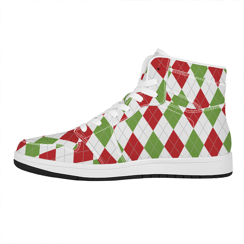 White Red And Green Argyle Pattern Print High Top Leather Sneakers