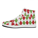 White Red And Green Argyle Pattern Print High Top Leather Sneakers