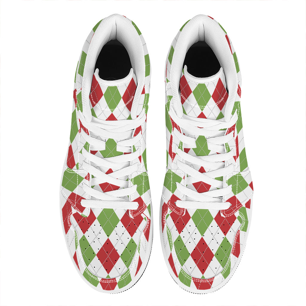 White Red And Green Argyle Pattern Print High Top Leather Sneakers