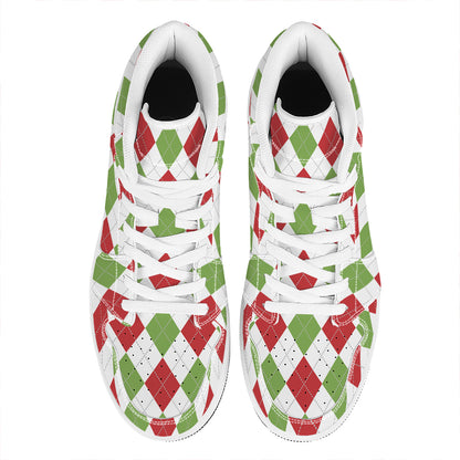 White Red And Green Argyle Pattern Print High Top Leather Sneakers