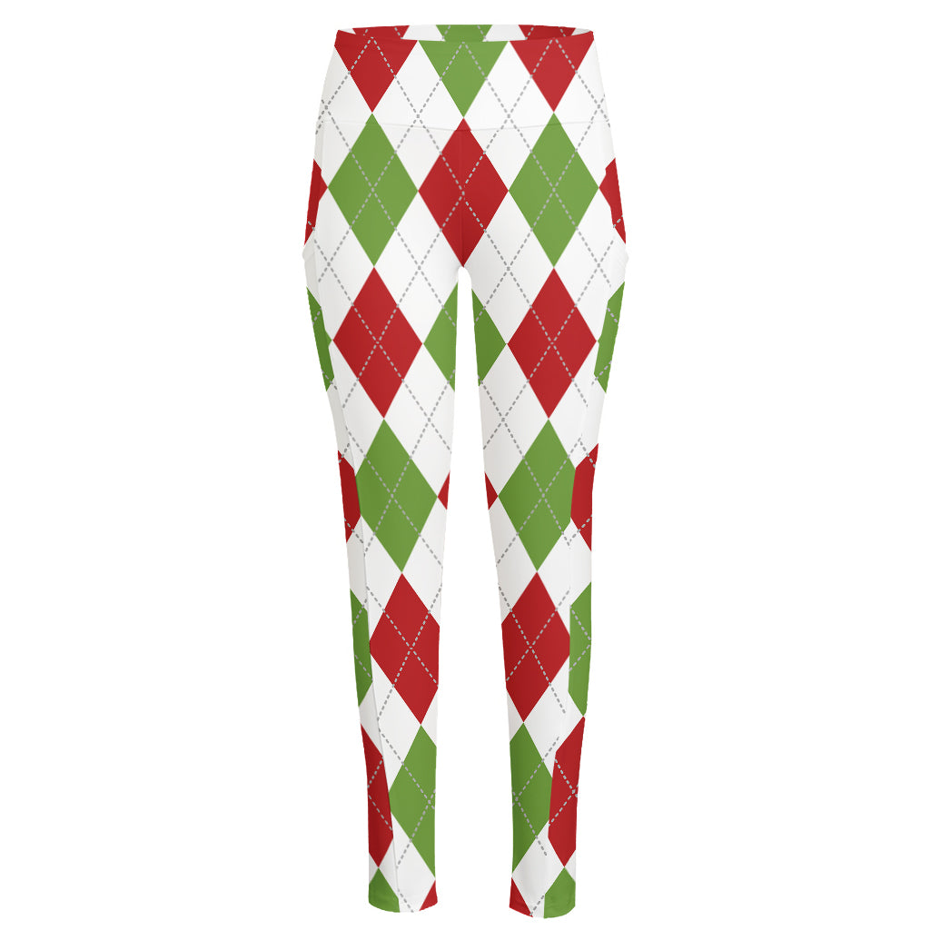 White Red And Green Argyle Pattern Print High-Waisted Pocket Leggings