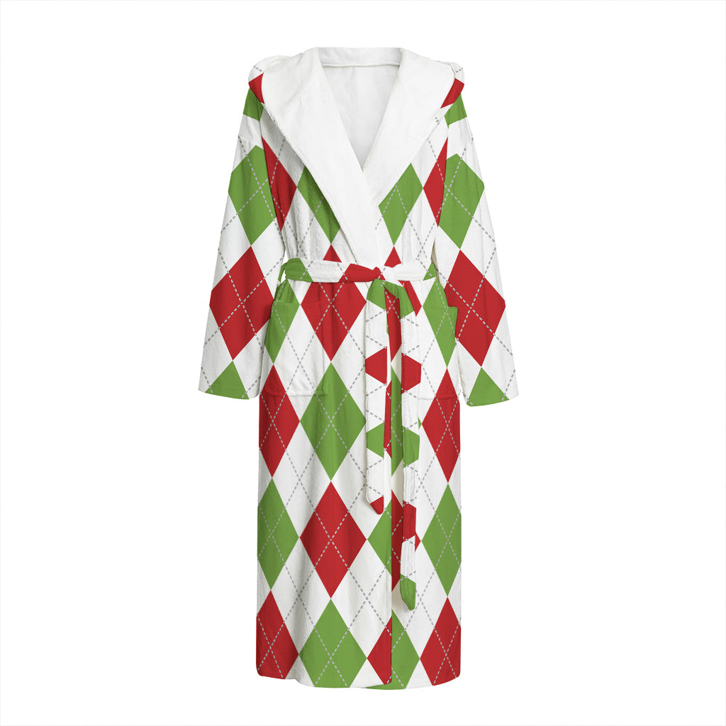 White Red And Green Argyle Pattern Print Hooded Bathrobe