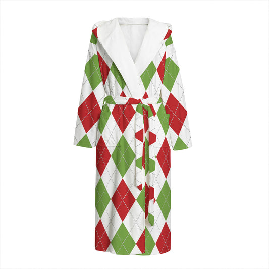 White Red And Green Argyle Pattern Print Hooded Bathrobe