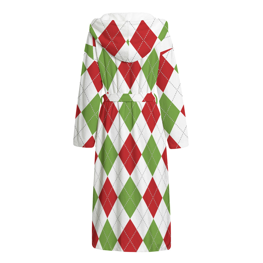 White Red And Green Argyle Pattern Print Hooded Bathrobe