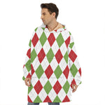 White Red And Green Argyle Pattern Print Hoodie Blanket