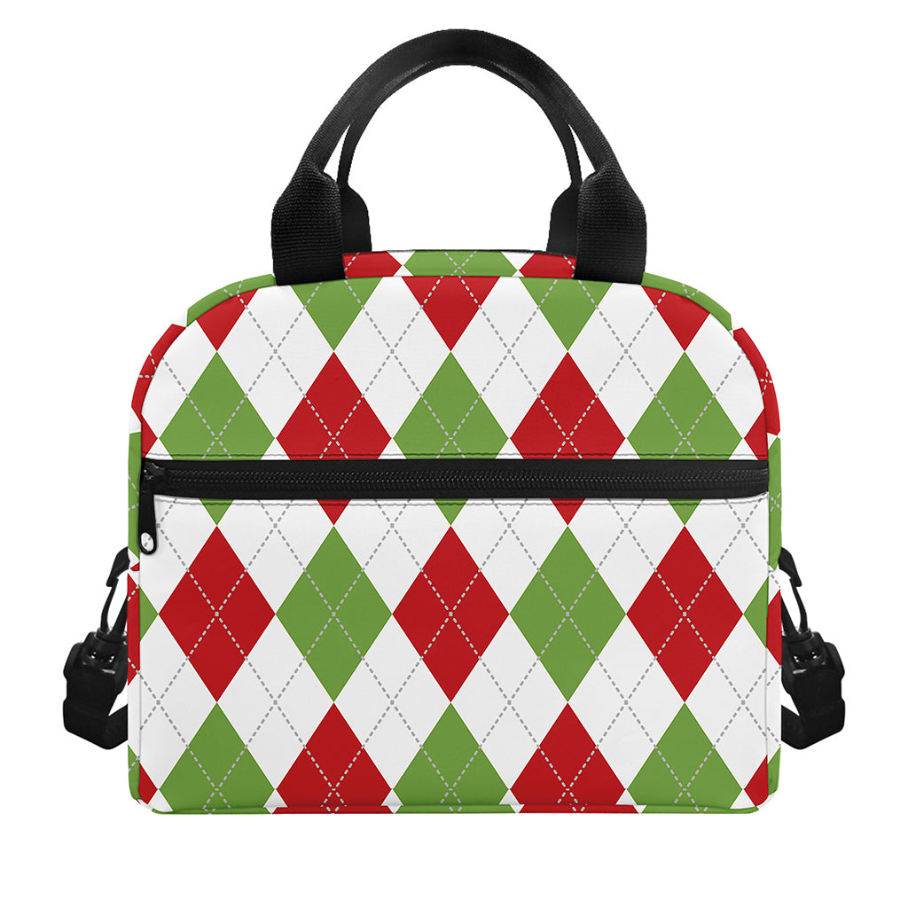 White Red And Green Argyle Pattern Print Insulated Lunch Bag