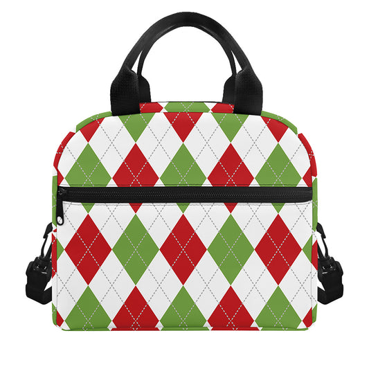 White Red And Green Argyle Pattern Print Insulated Lunch Bag