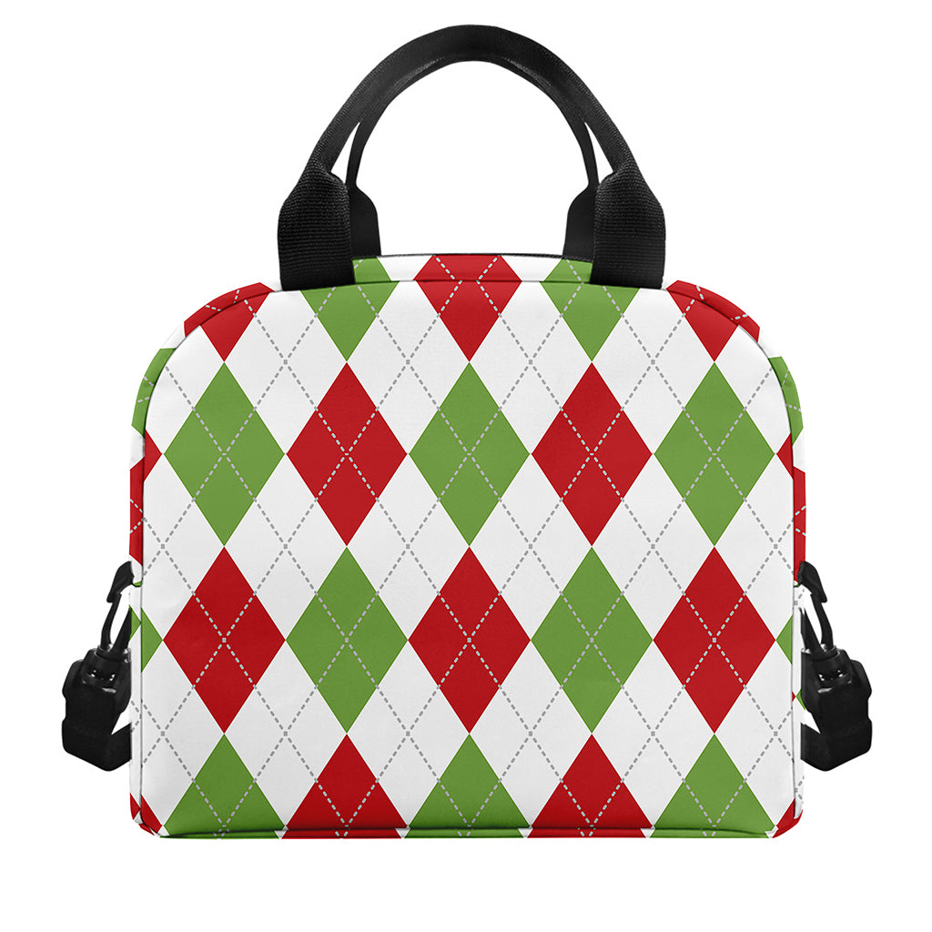 White Red And Green Argyle Pattern Print Insulated Lunch Bag