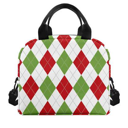 White Red And Green Argyle Pattern Print Insulated Lunch Bag