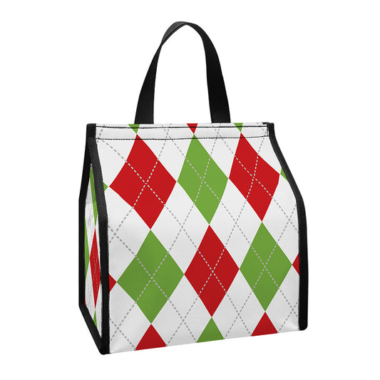White Red And Green Argyle Pattern Print Insulated Lunch Tote