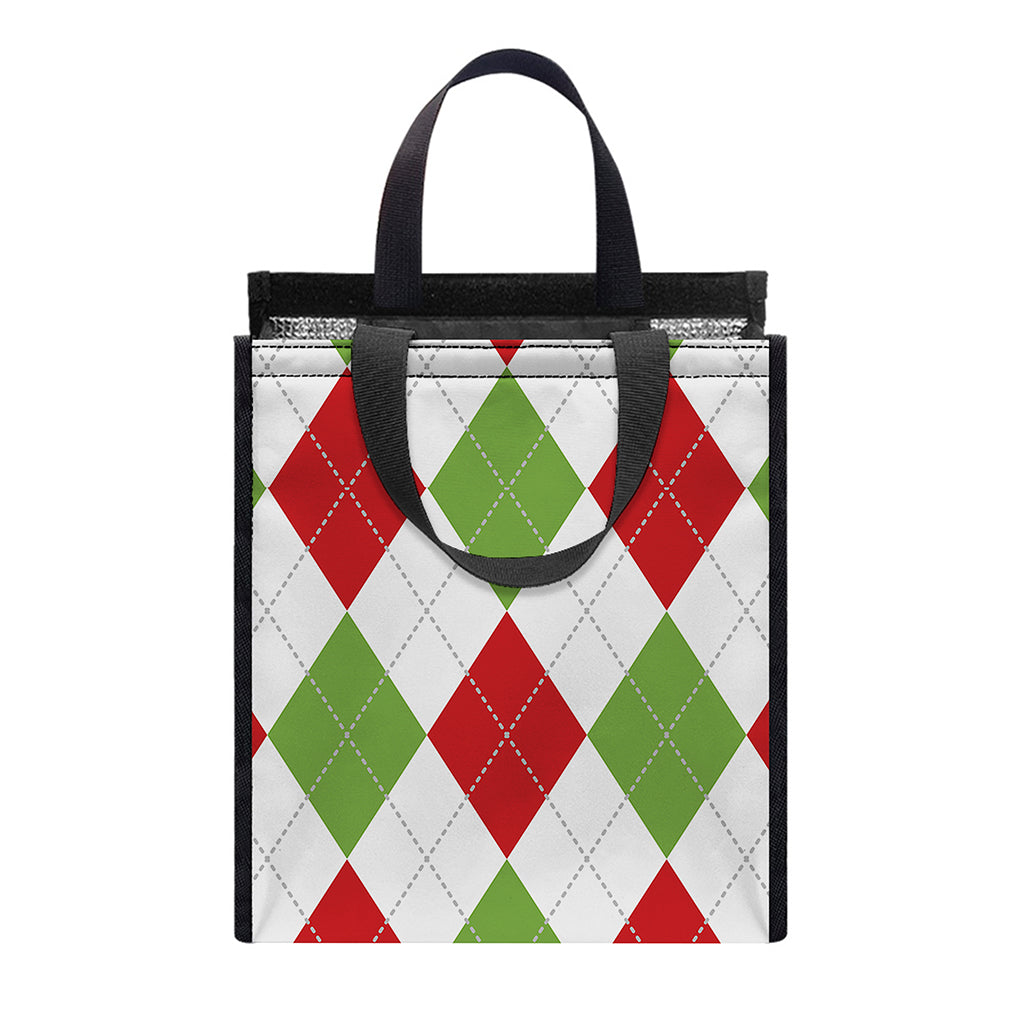 White Red And Green Argyle Pattern Print Insulated Lunch Tote
