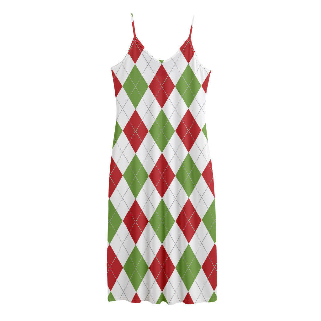 White Red And Green Argyle Pattern Print Jersey Midi Cami Dress
