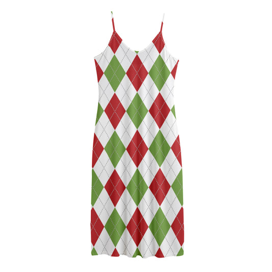 White Red And Green Argyle Pattern Print Jersey Midi Cami Dress