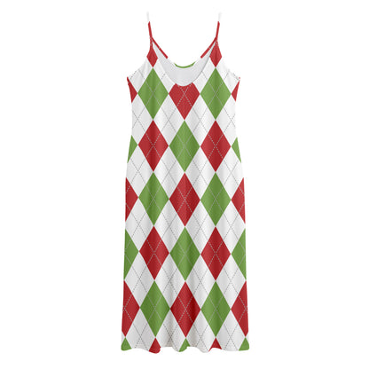 White Red And Green Argyle Pattern Print Jersey Midi Cami Dress