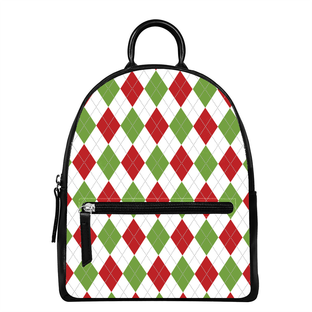 White Red And Green Argyle Pattern Print Leather Backpack