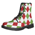 White Red And Green Argyle Pattern Print Lace-Up Boots