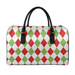 White Red And Green Argyle Pattern Print Leather Duffle Bag